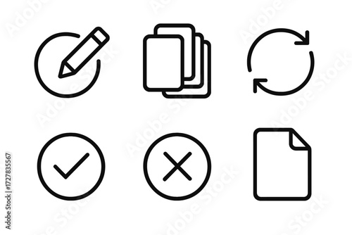 Version Control Icons. Version control icons in outline style: edit history, stacked documents, arrow loop, checkmark, cross mark, file icon