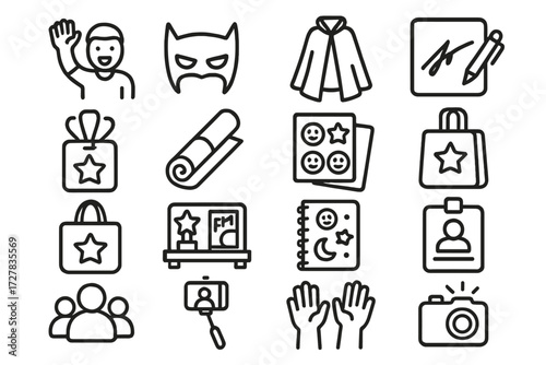 Fandom Icon Set. Fandom identity icons in outline style: fan waving, cosplay mask, costume cape, autograph paper, badge, poster roll, sticker sheet,