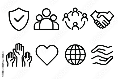 Community Trust Icons. Community trust icons in outline style: trust badge, group avatars, unity circle, partnership hands, raised hands, heart,