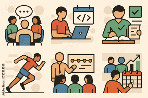 Action Icons. Situations set of icons in abstract flat : team in meeting, developer coding sprint, student studying before exam, worker tracking