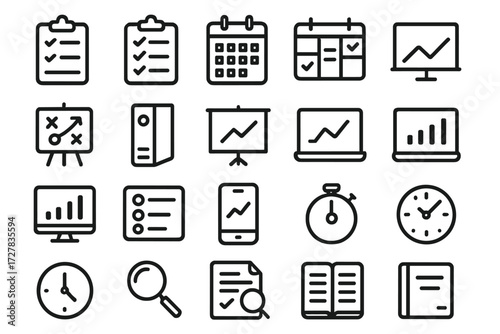 Essential Work Tools Icons. Work tools icons in outline style: clipboard, checklist, calendar, task board, strategy board, project binder,