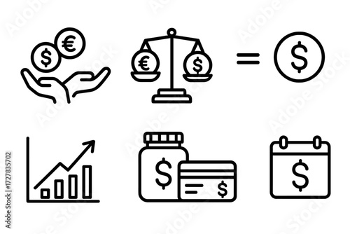 Income Equality Icons. Income equality icons in outline style: two hands holding coins, balance with currency, equal sign, dollar in circle, upward