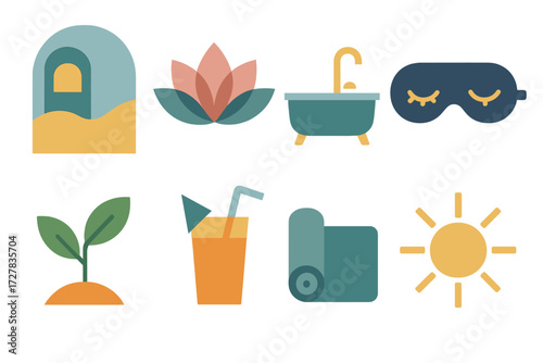 Self-Care Icon Set. Self-care set of icons in abstract flat : comfort zone, lotus flower, bath tub, sleep mask, leaf sprout, smoothie glass, yoga mat