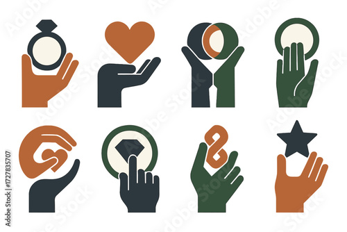 Gestures Icon Set. Gestures set of icons in abstract flat : hand holding ring, hand offering heart, two hands joining with ring, hand lifting