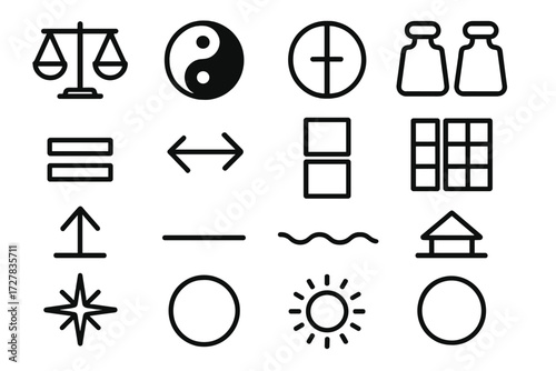 Balance Icons Overview. Concepts of balance icons in outline style: balance scale, yin-yang, harmony circle, weights, equal sign, symmetrical design,