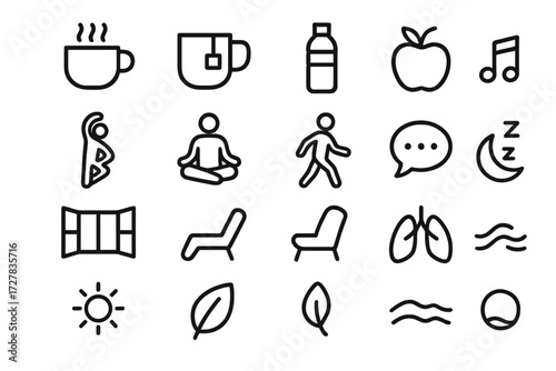 Wellness Icon Set. Break cycle icons in outline style: coffee cup, tea mug, water bottle, snack apple, stretching figure, yoga pose, walking figure,