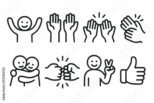 Joyful Gestures Icons. Joyful gestures icons in outline style: happy arms, raised hands, high five, clapping hands, hug, fist bump, victory pose,