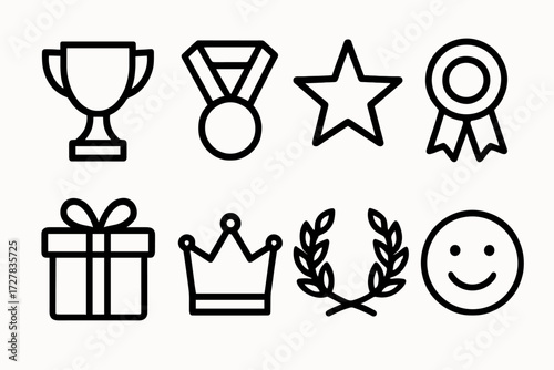Award Icons Collection. Objects icons in outline style: trophy, medal, star, ribbon, gift box, crown, laurel wreath, smiley face