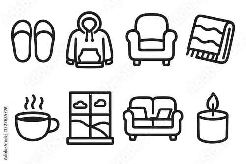 Cozy Remote Work Icons. Relaxed remote work icons in outline style: slippers, hoodie, comfy chair, blanket, tea cup, window view, sofa with laptop,