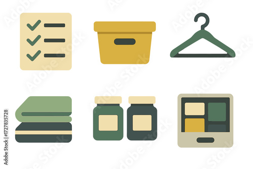 Tool Icons. Organized tools set of icons in abstract flat : checklist, storage bin, hanger, folded clothes, labeled jars, tidy drawer