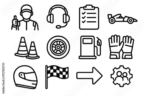 Racing Icons Collection. Race lap counter icons in outline style: pit crew, headset, clipboard, racing car, track cones, wheel, gas pump, gloves,