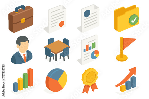 Business Icon Set. Business assessment tag set icons in modern isometric flat : briefcase, contract paper, policy document, folder with check,