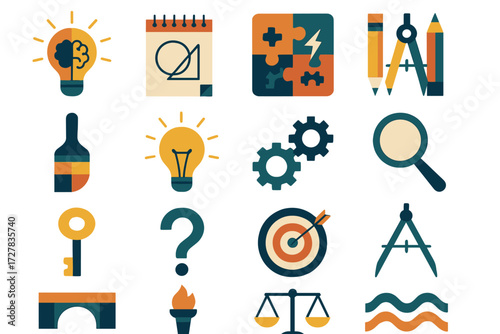 Creative Icon Set. Creative problem solving set of icons in abstract flat : brainstorming lightbulb, sketch pad, puzzle brainstorm, design tools,