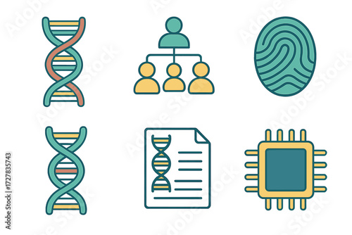 Isometric Genetic Icons. Genetics set icons in modern isometric flat : DNA strand, family tree, fingerprint, double helix, report paper, computer chip