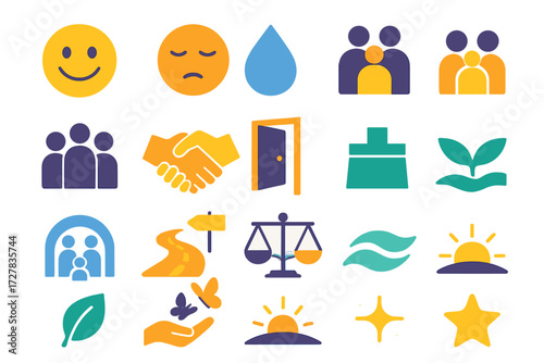 Emotional Care Icons. Emotional care in modern flat vector : smiley face, calm face, tear drop, family icon, group avatars, handshake, open door,