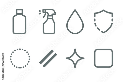 Minimalist Disinfectant Icons. Minimalist disinfectant symbols set icons in modern isometric flat : plain bottle, outline spray, droplet, dashed