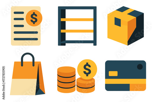 Store Icons. Store display set of icons in abstract flat : price list, shelf, product box, bag, coin stack, credit card