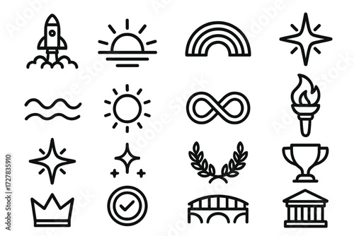 Icons of Success. Themes & vibes icons in outline style: rocket launch, sunrise horizon, rainbow arc, guiding star, harmony wave, glowing aura,