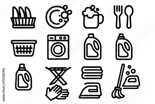Household Chores Icons. Dish and laundry icons in outline style: dish rack, plate with bubbles, cup with foam, fork and spoon, laundry basket,