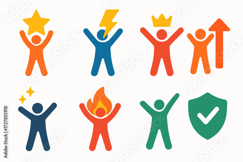 Vibrant Symbolic Poses. Symbols in modern flat vector : pose with star, pose with lightning bolt, pose with crown, pose with upward arrow, pose with