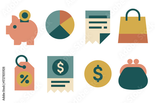 Budget Icon Set. Budget management set of icons in abstract flat : piggy bank, pie chart, receipt, shopping bag, discount tag, bill paper, dollar