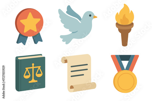 Integrity Values Icons. Integrity values set icons in modern isometric flat : star badge, dove, torch, law book, scroll document, medal