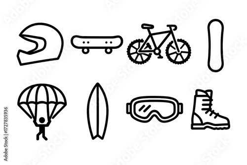 Extreme Sports Icons. Extreme sports icons in outline style: helmet visor, skateboard, snowboard, mountain bike, parachute, surfboard, goggles, boots