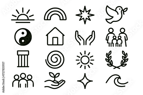 Symbols of Hope and Harmony. Hope and balance icons in outline style: sunrise horizon, rainbow arc, guiding star, peace dove, harmony circle, safe