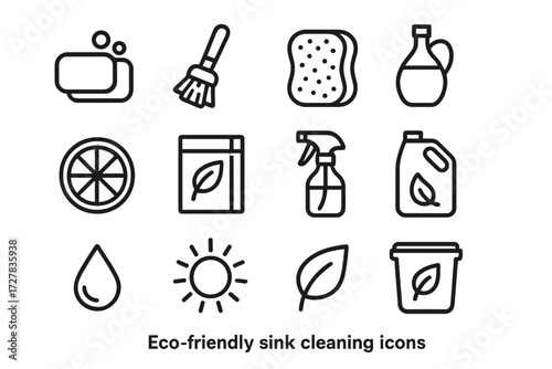 Eco Cleaning Icons. Eco-friendly sink cleaning icons in outline style: natural soap bar, bamboo brush, biodegradable sponge, vinegar bottle, lemon