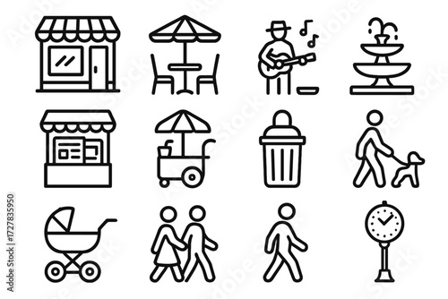 Urban Outline Icons. City street life icons in outline style: storefront, café table, park bench, newspaper stand, street musician, fountain, food