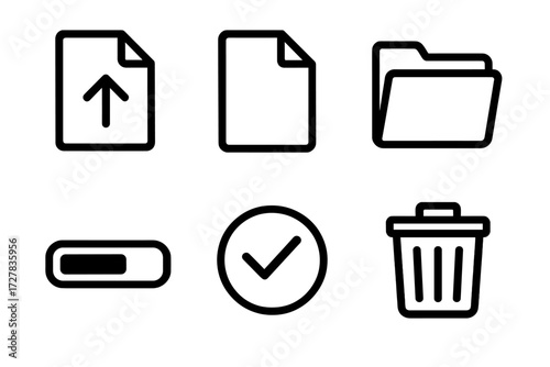 File Management Icons. File management icons in outline style: image upload, document, folder, progress bar, checkmark, trash bin