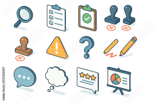 Isometric Review Icons. Review context set icons in modern isometric flat : magnifying glass, checklist, clipboard check, approval stamp, rejected