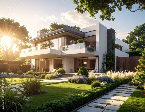 Modern house with lush landscaping, sunlit