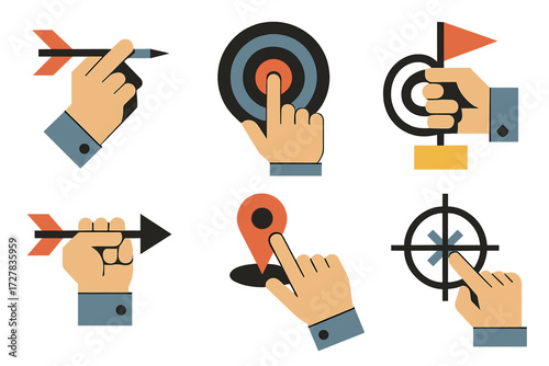 Gesture Icons. Gestures set of icons in abstract flat : hand throwing dart, hand pointing at target, hand circling bullseye, hand placing flag, hand