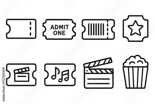 Classic Ticket Icons. Classic ticket icons icons in outline style: torn edge ticket stub, admit one ticket, barcode ticket, star stamp, movie ticket,