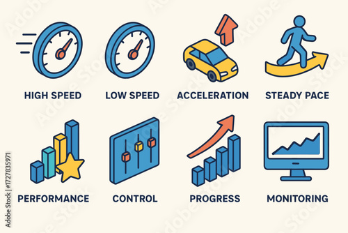 Speed and Performance Icons. Concepts set icons in modern isometric flat : high speed, low speed, acceleration, steady pace, performance, control,