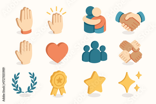 Isometric High Five Icons. Basic high five set icons in modern isometric flat : two hands meeting, hand with rays, supportive hug, handshake, open