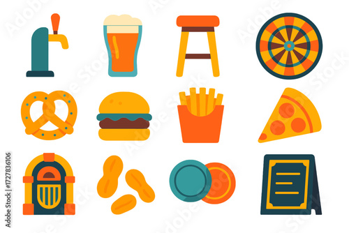 Modern Pub Icons. Pub bar counter in modern flat vector : beer tap, pint glass, wooden stool, dartboard, pretzel, burger, fries, pizza slice, jukebox,