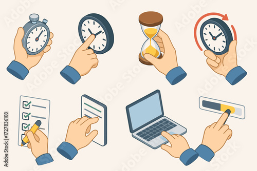Time Management Icons. Gestures set icons in modern isometric flat : hand holding stopwatch, hand pointing at clock, hand flipping hourglass, hand