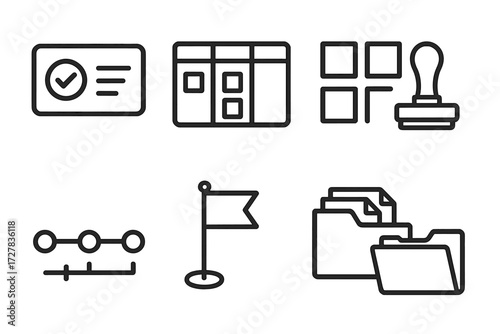 Task Management Icons. Task management icons in outline style: task card, Kanban board, sticky notes grid, approval stamp, timeline chart, milestone