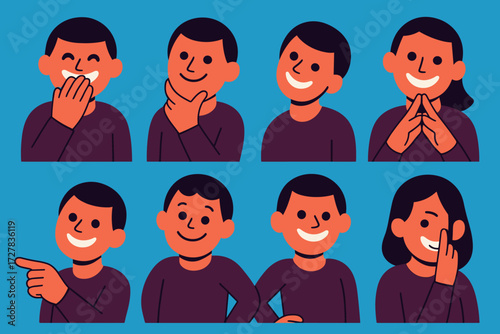 Expressive Gesture Grins. Gestures in modern flat vector : hand covering mouth with grin, hand rubbing chin with grin, head tilted with grin, hand