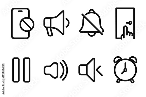Silence Mode Icons. Silence mode icons in outline style: phone with mute symbol, crossed megaphone, bell with line, door with hush symbol, pause