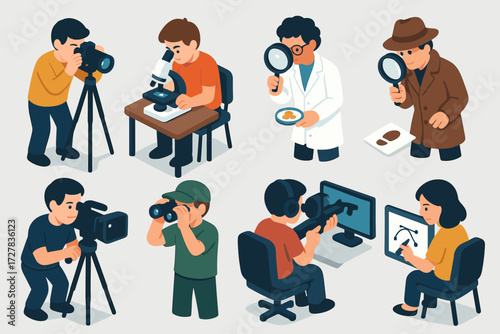 Isometric Exploration Icons. Situations set icons in modern isometric flat : photographer adjusting focus, student using microscope, scientist
