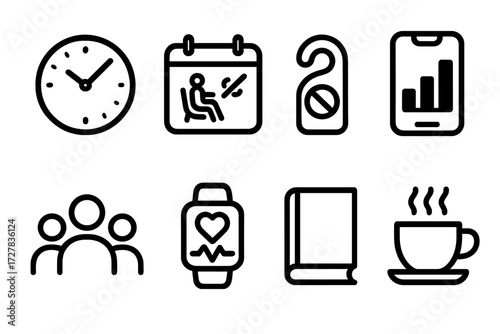 Healthy Tech Icons. Healthy tech habits icons in outline style: scheduled clock, calendar with break, do not disturb sign, screen time chart, family