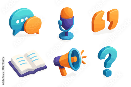 Isometric Dialogue Icons. Dialogue icons set icons in modern isometric flat : conversation bubbles, microphone, quotation marks, open book, megaphone,