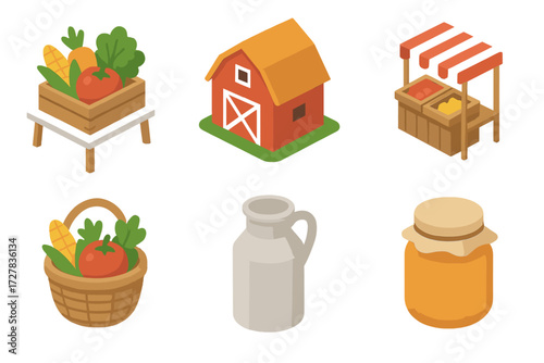 Farm to Table Icons. Market life set icons in modern isometric flat : farm to table, barn, stand, basket, milk jug, honey jar