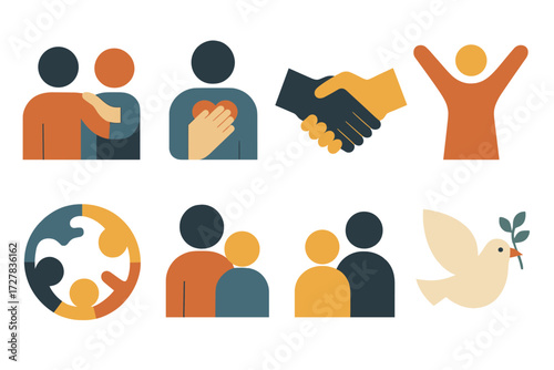 Care and Unity Icons. Care gestures set of icons in abstract flat : empathy touch, hand over heart, handshake, pat on shoulder, raised hands, unity