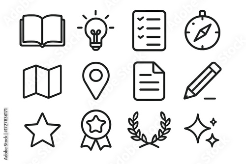 Helpful Guide Icons. Basic helpful guide icons in outline style: open book, lightbulb, checklist, compass, map, location pin, document, pencil, star