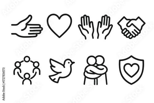 Compassion Icon Set. Compassion icons icons in outline style: helping hand, heart, open hands, handshake, unity circle, peace dove, supportive hug,