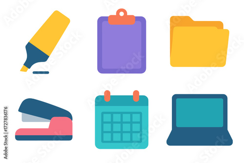 Colorful Office Icons. Office tools in modern flat vector : highlight bar, clipboard, folder, stapler, calendar, laptop